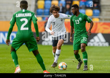 Yacine Adli from France (L) and Muhannad Alshanqiti from Saudi Arabia (R) are seen in action during FIFA U-20 World Cup match between France and Saudi Arabia (GROUP E) in Gdynia. ( Final score; France 2:0 Saudi Arabia ) Stock Photo