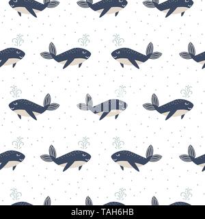 Dolphin seamless vector pattern. Cartoon style blue fun fish background. Stock Vector
