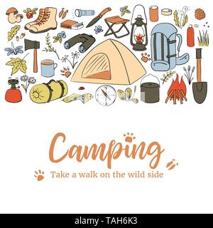 Camping card template. Take a walk on the wild side. Hiking icons colored sketch style set. vector collection. frame on top text, copy space. Vector i Stock Vector