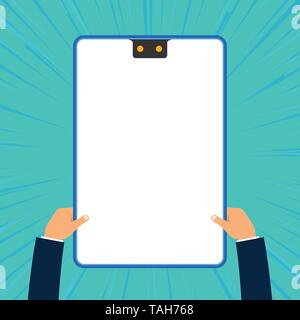Two executive male hands holding electronic device geometrical background Stock Vector