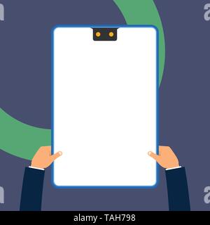 Two executive male hands holding electronic device geometrical background Stock Vector