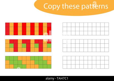 Copy these patterns, pixel art, drawing skills training, educational paper game for the development of children, kids preschool activity, printable Stock Vector