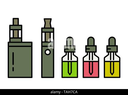 Vaping device and accessory. Electronic cigarette and bottles with vape liquid. e- liquid, e-juice. Mockup of Vape bottle with liquid. Isolated vector Stock Vector