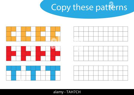 Copy these patterns, pixel art, drawing skills training, educational paper game for the development of children, kids preschool activity, printable Stock Vector