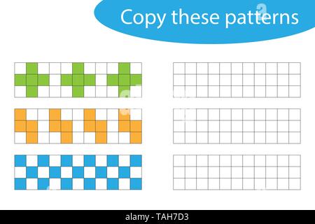 Copy these patterns, pixel art, drawing skills training, educational paper game for the development of children, kids preschool activity, printable Stock Vector