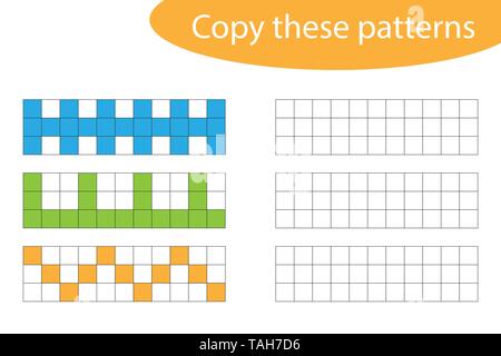 Copy these patterns, pixel art, drawing skills training, educational paper game for the development of children, kids preschool activity, printable Stock Vector