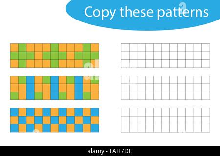 Copy these patterns, pixel art, drawing skills training, educational paper game for the development of children, kids preschool activity, printable Stock Vector