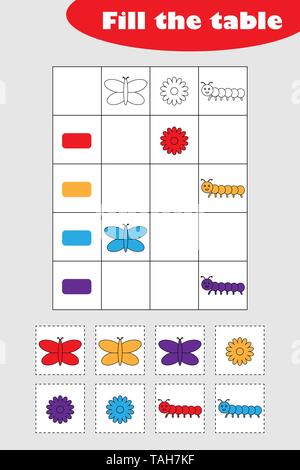 Fill the table with colorful spring pictures for children, fun education game for kids, preschool worksheet activity, task for the development of Stock Vector