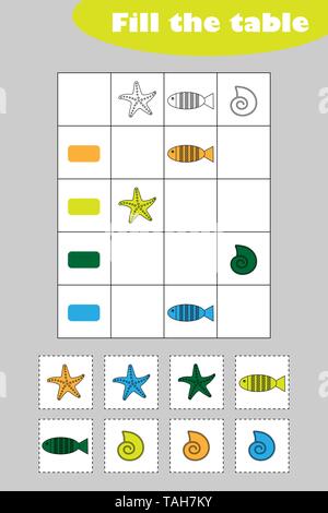 Fill the table with colorful marine pictures for children, fun education game for kids, preschool worksheet activity, task for the development of Stock Vector