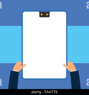 Two executive male hands holding electronic device geometrical background. Stock Vector