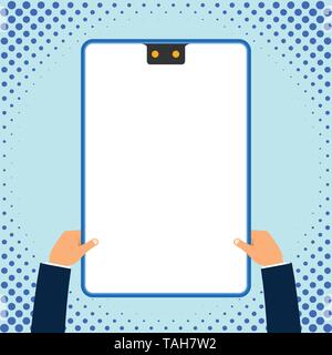 Two executive male hands holding electronic device geometrical background Stock Vector