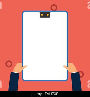 Two executive male hands holding electronic device geometrical background Stock Vector
