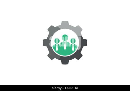 Creative Three People Team Gear Logo Design Illustration Stock Vector