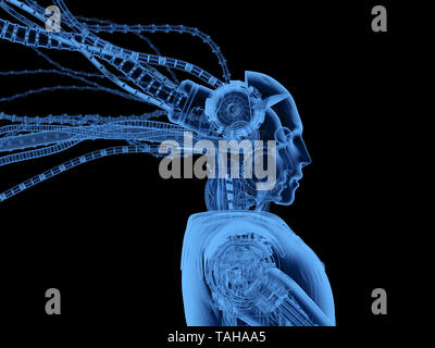 3d rendering x-ray humanoid robot with wires isolated on black Stock Photo