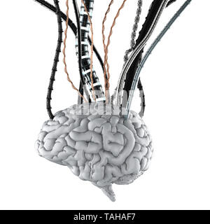 3d rendering robotic brain with bunch of wires isolated Stock Photo