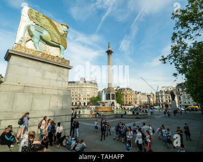 Trafalgar Sq. London. On the left is a recreaton of the Lamassu (Winged Bull) by artist Michael Rakowitz made from 10,500 empty Iraqi date syrup cans. Stock Photo