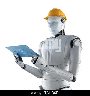 3d rendering engineer robot wearing safety helmet Stock Photo