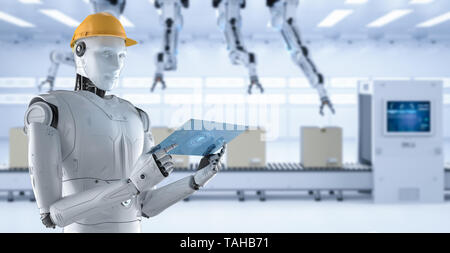 3d rendering engineer robot wearing safety helmet Stock Photo