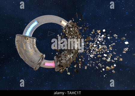 3d rendering, scientific mechanical ring in the outer space. Computer digital background. Stock Photo