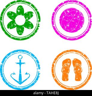 Summer rubber stamp symbol flower and flip-flops. Conceptual summer icons. Vector illustration Stock Vector