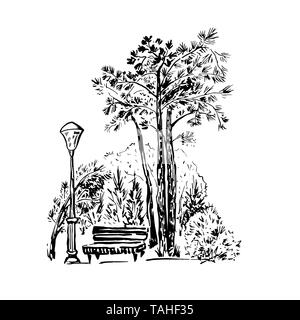 Park scene hand drawn ink illustration. Landscape ink pen sketch. Black and white clipart. Realistic street bench, tree, lantern freehand drawing. Isolated urban design element. Postcard sketch Stock Vector