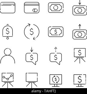 Financial operations outline icons set, currency conversion, money transfer, data analysis Stock Vector