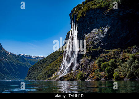 Geiranger fjord, waterfall Seven Sisters. Beautiful Nature Norway natural landscape. Stock Photo