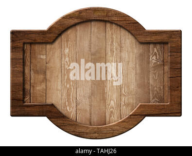Rounded wooden sign board or plate made of natural wood and with dark frame Stock Photo