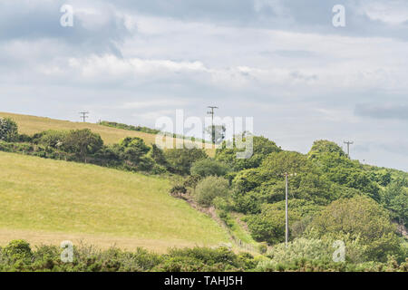 Hillside fields with four electricity distribution utility poles. Metaphor rural electricity distribution, power distribution, household electricity. Stock Photo