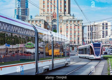 Moscow, Russia - May 25, 2019: Tramway carriages on Komsomolskaja square at morning time. Stock Photo
