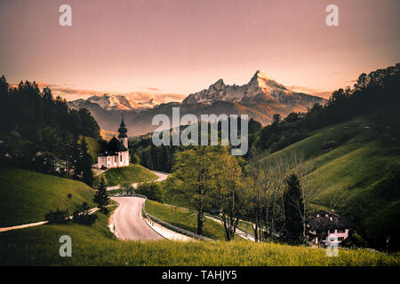 Scenic view on Maria Gern Church with Watzmann view Berchtesgaden Bavaria Alps Germany during sunset Stock Photo