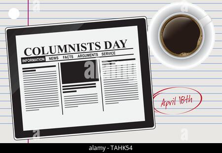 Coffee cup with coffee and tablet for holiday Columnists Day Stock Vector