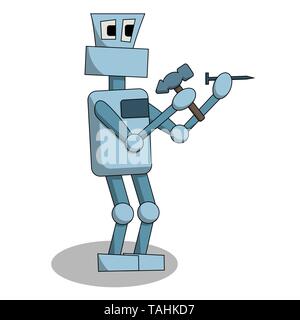 the robot is hammering a nail at work. Isolated cartoon stock vector illustration Stock Vector