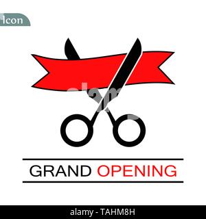 Grand opening ceremony, isolated illustration. Black scissors cutting red ribbon. Eps 10 Stock Vector