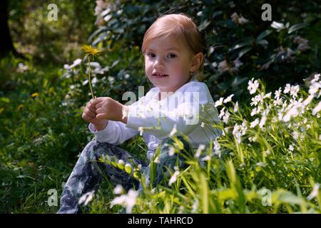 Little girl sitting thoughtfully among flowers on the meadow, Czech Republic Stock Photo