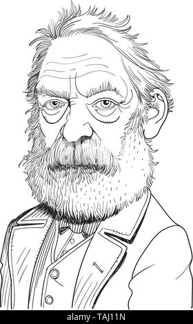 Victor Marie Hugo cartoon portrait in line art illustration. He was a French poet, novelist and dramatist of the Romantic movement. Stock Vector