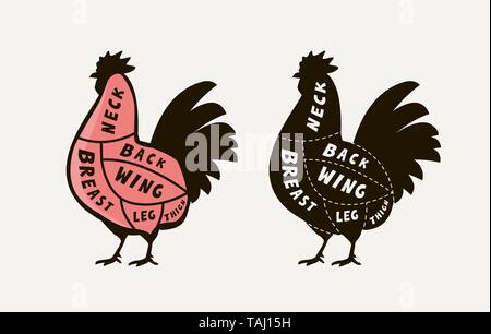 Diagram guide for cutting meat rooster, butcher shop. Chicken vector Stock Vector