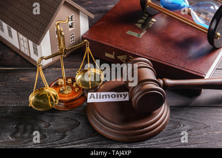 Judge's gavel, scales of justice, house model and paper with text ALIMONY on table Stock Photo