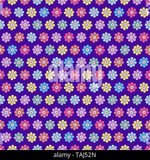 Doodle flowers seamless pattern, colorful floral background. Multicolored simple buds with petals on purple backdrop, hand drawing, ornament for fabri Stock Vector