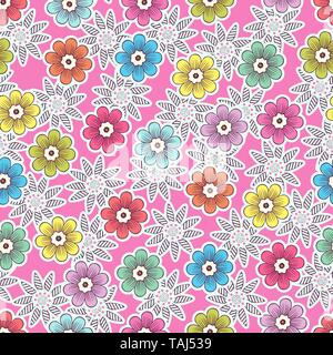 Doodle flowers seamless pattern, colorful floral background. Multicolor bright buds with white stroke on pink backdrop, hand drawing, ornament for fab Stock Vector