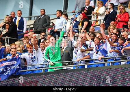 Wembley Stadium, London, UK. 25th May, 2019. Tranmere celebrate with the trophy after the EFL Sky Bet League 2 Play-Off Final match between Newport County and Tranmere Rovers at Wembley Stadium, London, England on 25 May 2019. Photo by Dave Peters. Editorial use only, license required for commercial use. No use in betting, games or a single club/league/player publications. Credit: UK Sports Pics Ltd/Alamy Live News Stock Photo