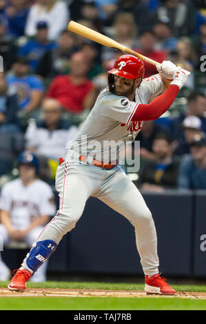 Miller Park, Milwaukee, WI, USA. Milwaukee, WI, USA. May 24, 2019: Philadelphia Phillies right fielder Bryce Harper #3 during game action in the Major League Baseball game between the Milwaukee Brewers and the Philadelphia Phillies at Miller Park in Milwaukee, WI. John Fisher/CSM Stock Photo