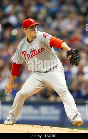 Miller Park, Milwaukee, WI, USA. Milwaukee, WI, USA. May 24, 2019: Philadelphia Phillies starting pitcher Jerad Eickhoff #48 during game action in the Major League Baseball game between the Milwaukee Brewers and the Philadelphia Phillies at Miller Park in Milwaukee, WI. John Fisher/CSM Stock Photo