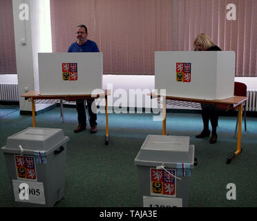 Prague, Czech Republic. 24th May, 2019. Voters vote at a polling station in Prague, the Czech Republic, May 24, 2019. The two-day elections to the European Parliament, the fourth in a row, started in the Czech Republic on Tuesday afternoon. In this year's election, Czechs will choose 21 MEPs from a record number of 39 parties, movements and their coalitions that nominated more than 840 candidates. The final election results will be released on Sunday only after the voting in all EU member states ends. Credit: Dana Kesnerova/Xinhua/Alamy Live News Stock Photo