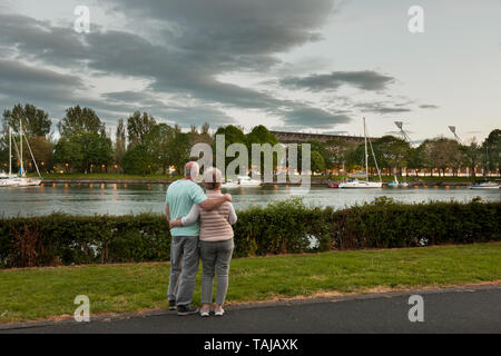 Cork City, Cork, Ireland. 25th May, 2019. Ben and Eileen Corbett, Glanmire listen to  singer's Rod Stewart's concert at Pairc Ui Chaoimh from the Lower Glanmire Road in Cork, Ireland. Stock Photo