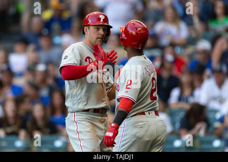 Philadelphia Phillies' Jean Segura, left, and Bryson Stott celebrate after  a baseball game, Wednesday, Aug. 24, 2022, in Philadelphia. (AP Photo/Matt  Slocum Stock Photo - Alamy