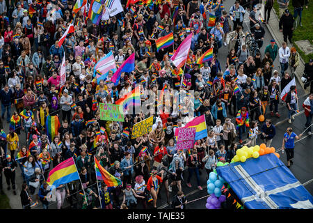 Huge crowd seen with flags during the march. Several thousands of people took part in the annual 5th Tricity Equality March manifesting LGBT rights, it was organized by the, 'Tolerado', and under the slogan 'Love can only connect'. Different Counter protesters were seen during the event. Stock Photo