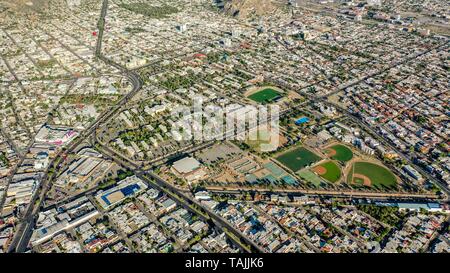 Aerial view of the fields and sports fields and gimmacio of the University of Sonora. The Unison mile. Hermosillo, Sonora. Baseball fields, synthetic grass, soccer fields. (Photo: Luis Gutierrez / NortePhoto.com)  Vista aerea las canchas y campos deportivos y gimmacio de la Universidad de Sonora. La milla de la Unison. Hermosillo, Sonora. Campos de beisbol, pasto sintetico, canchas de futbol.  (Photo: Luis Gutierrez/NortePhoto.com) Stock Photo