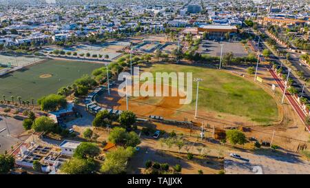 Aerial view of the fields and sports fields and gimmacio of the University of Sonora. The Unison mile. Hermosillo, Sonora. Baseball fields, synthetic grass, soccer fields. (Photo: Luis Gutierrez / NortePhoto.com)  Vista aerea las canchas y campos deportivos y gimmacio de la Universidad de Sonora. La milla de la Unison. Hermosillo, Sonora. Campos de beisbol, pasto sintetico, canchas de futbol.  (Photo: Luis Gutierrez/NortePhoto.com) Stock Photo