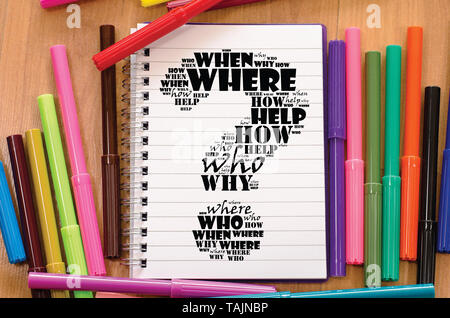 Question mark word cloud collage over notepad background Stock Photo